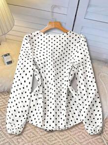 SHEIN Clasi Blusa elegante con cuello de volantes de contraste negro, manga farol y lunares para mujeres