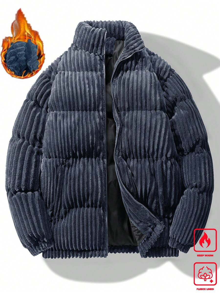 Manfinity Homme 男式超大拉链灯芯绒夹棉大衣 - 深灰色 - 查看 1