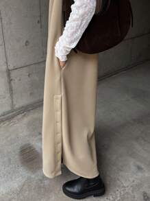 FRIFUL Robe longue en tricot à col montant et boutons latéraux unicolore décontractée pour l'automne et l'hiver - Kaki - Voir 6