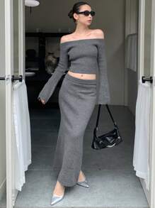 DAZY 2pcs/Set Women Off Shoulder Solid Color Long Sleeve Top And Skirt Casual Set,Fall Clothes Women Sweater - Grey - View 3