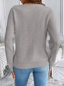 Chiquease 秋冬季休闲纯色 3D 花朵装饰套头衫 - 灰色 - 查看 2