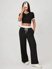 SHEIN PETITE Women's Summer Sexy Color-Blocked Round Neck Short-Sleeved T-Shirt + High-Waisted Lace-Up Trousers Two-Piece Set