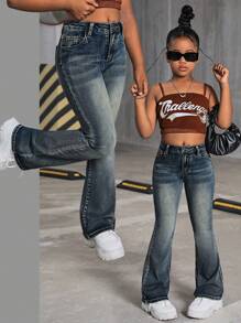 SHEIN Jeans flare in vita alta per ragazze, stile Y2K vintage, lavaggio a effetto grinzoso, outfit casual streetwear per ragazze, look autunnale per il ritorno a scuola