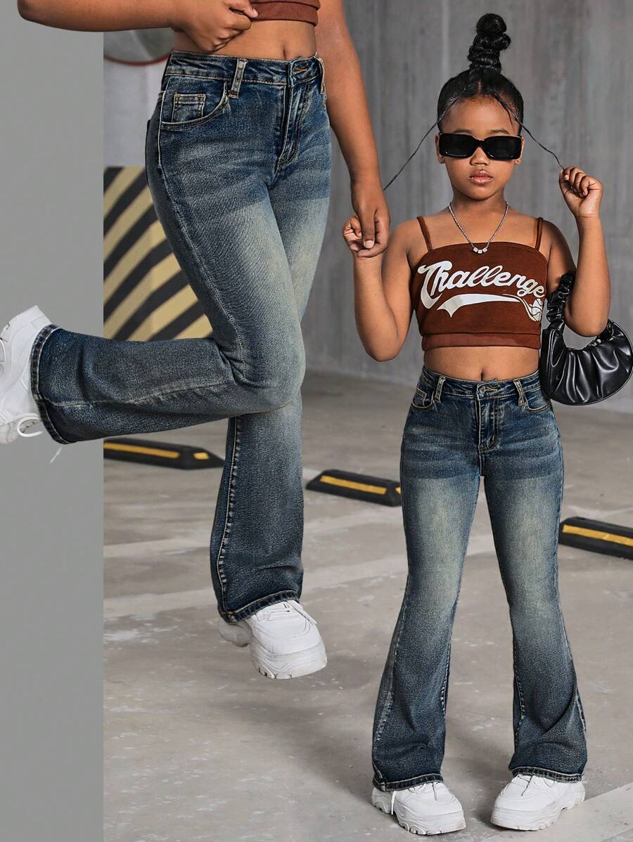 SHEIN Jeans flare in vita alta per ragazze, stile Y2K vintage, lavaggio a effetto grinzoso, outfit casual streetwear per ragazze, look autunnale per il ritorno a scuola