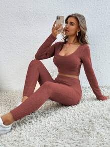 Bộ 2 món áo len ngắn màu trơn thường ngày và quần bó cho nữ, Thu/Đông - Cà phê nâu - Xem 6