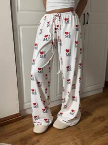 SHEIN EZwear 女士字母与心形印花抽绳腰直筒宽松休闲裤 - 白色 - 查看 5