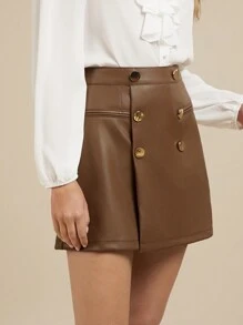 SHEIN Clasi Elegant Women's Brown Metal Button Decoration And Asymmetry In Winter, PU Skirt With Back Zipper - Brown - View 6
