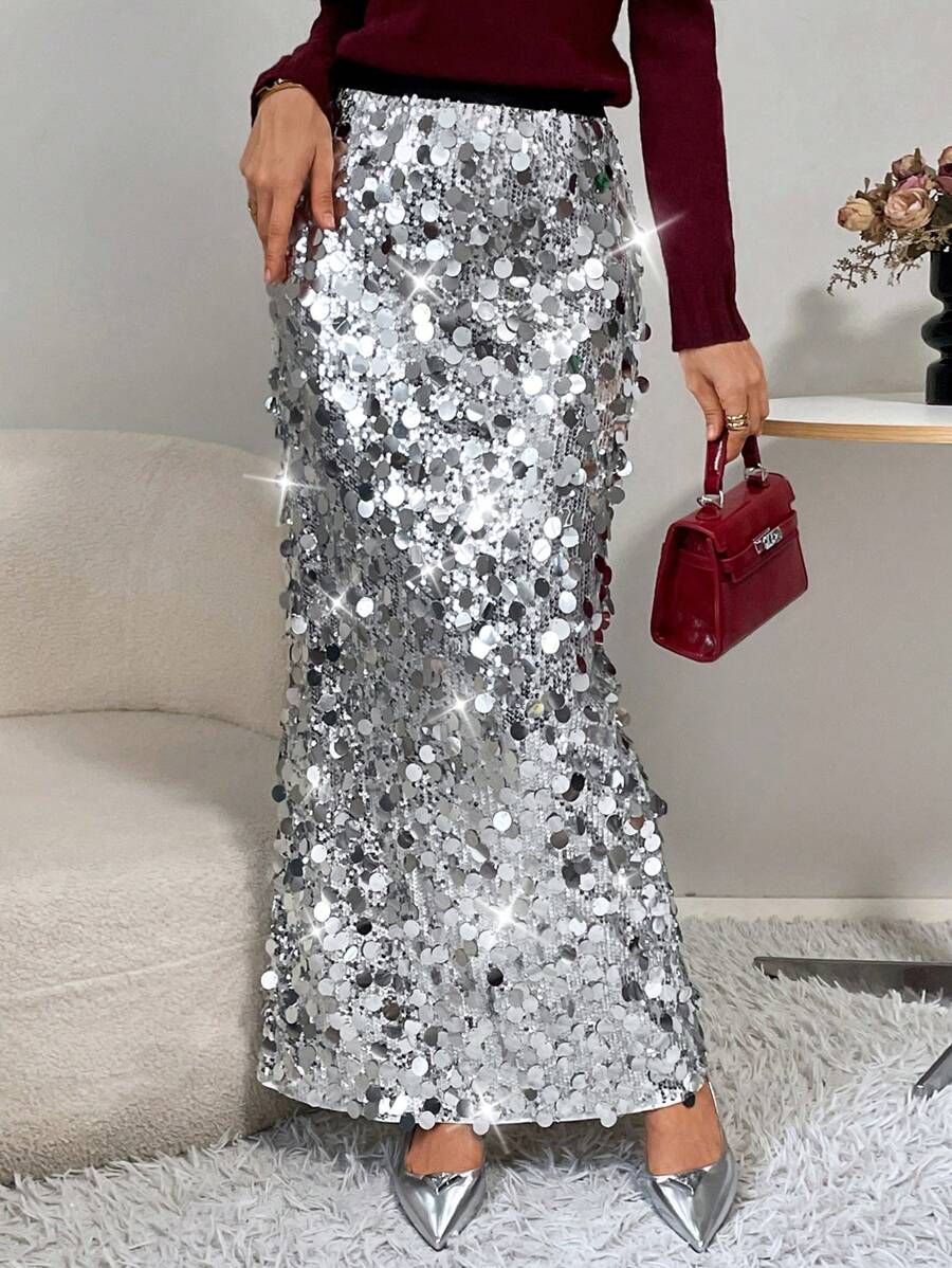 SHEIN Essnce 女士简约亮片装饰及膝长裙，休闲日常穿着 - 銀色 - 查看 1