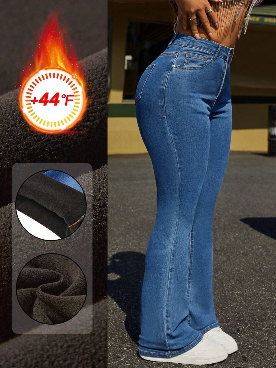 SHEIN PETITE 女士休闲街头洗水喇叭牛仔裤，秋冬季保暖加厚牛仔布 - 藍色 - 查看 1