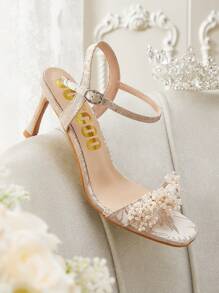 CUCCOO HITCHD Square Toe Pearl Embellished High Heel Sandals, Beige, For Wedding Party Events - Beige - View 6