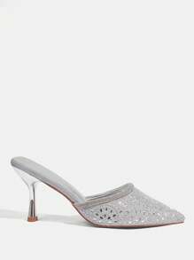 CUCCOO TILAWA Women Shoes Summer Rhinestone Glitters Upper Pointed Toe Mid-Heel Luxury Elegant Gorgeous Shining Silver Glitters Women's High-Heeled Shoes Mules High-Heeled Slippers Fashion Women's Shoes Slip-On Dress Shoes Party Banquet Wedding Formal Occasion Dress Shoes Fashion Party