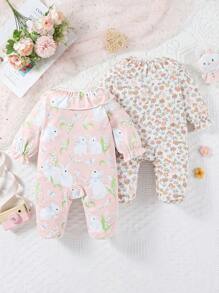 2件套女婴简约花卉印花兔子图案长袖连体衣套装，家居服 - 彩色 - 查看 2