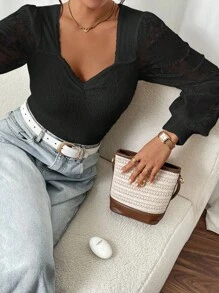 SHEIN Frenchy 女士休闲纯色心形领长袖上衣，秋季 - 黑色 - 查看 4