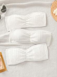 SHEIN 青少年女孩三件套简约舒适加垫罗纹短款上衣套装 - 白色 - 查看 1