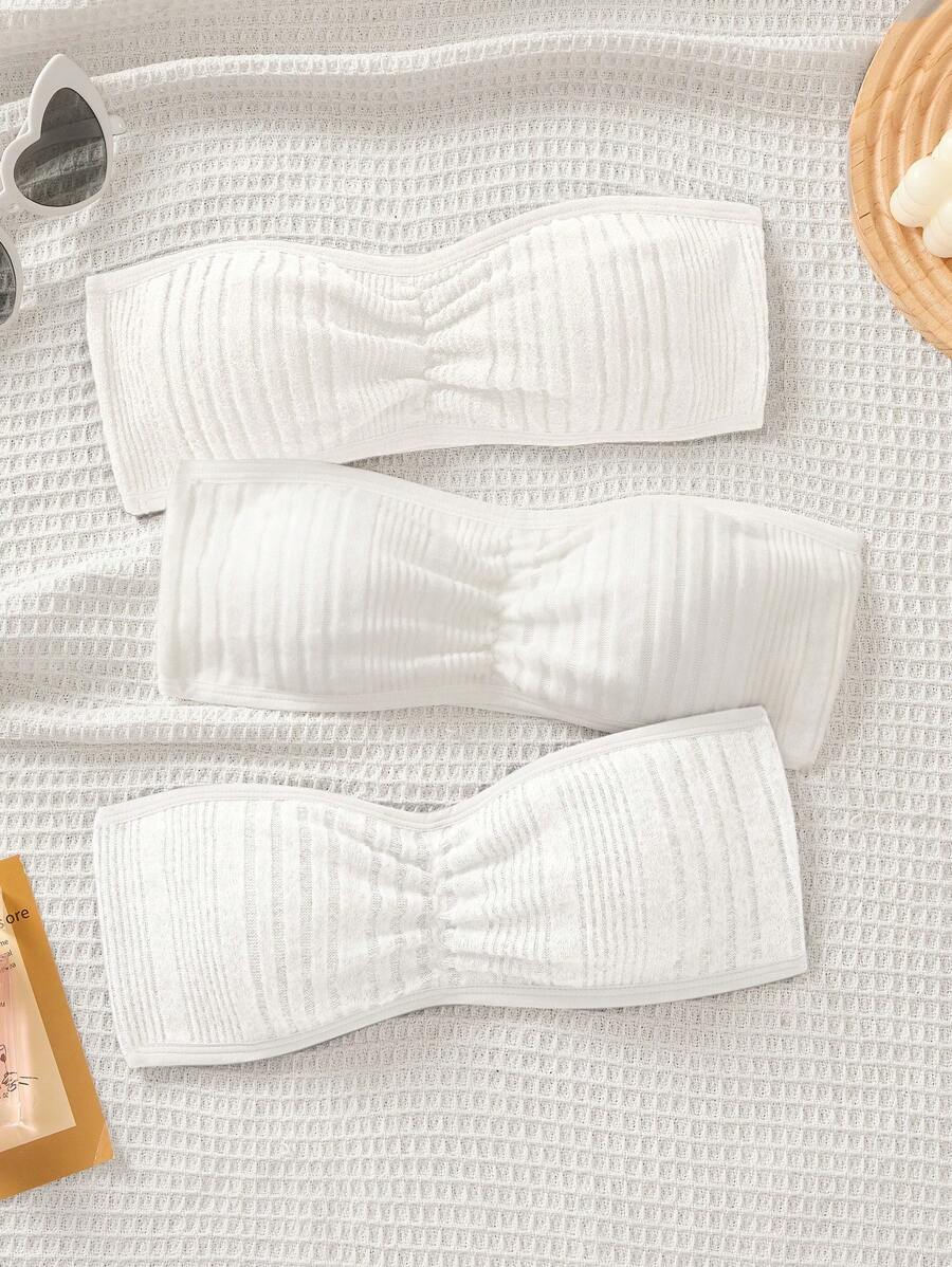 SHEIN 青少年女孩三件套简约舒适加垫罗纹短款上衣套装 - 白色 - 查看 1