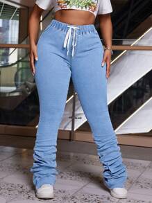 大码休闲水洗抽绳腰部褶皱紧身喇叭腿牛仔裤 - 淺色水洗藍 - 查看 4