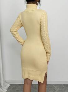 SHEIN Unity High Neck Solid Color Cable Knit Long Sleeve Sweater Dress - Apricot - View 2