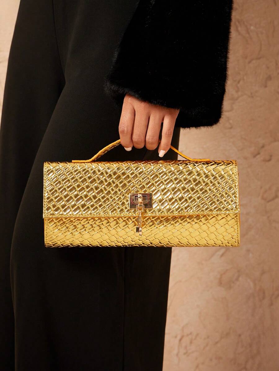 SHEIN SXY 女士，女式手提包，编织包，时尚，简约，优雅，多功能，经典，金色，适合经典、通勤、办公室、约会、日常、购物、下午茶、派对、舞会、俱乐部、约会、生日、晚会、约会之夜 - 金色 - 查看 1