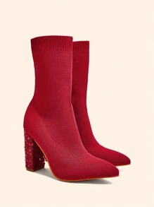 CUCCOO BASICS Women Red Pointed Toe Elastic Thick High Heel One-Push-On Knitted Ankle Boots Spring Shoes Spring Break Easter - Red - View 5