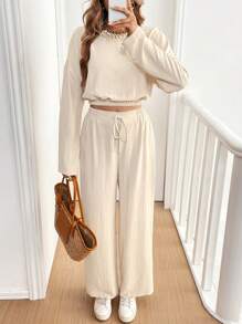 SHEIN Frenchy 2 件套纯色圆领长袖上衣和抽绳腰长裤，休闲