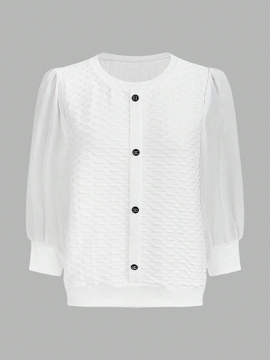 SHEIN LUNE Áo cánh đơn sắc cài nút phía trước tay dài lưới tương phản tối giản thường ngày cho nữ - trắng - Xem 1