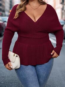 SHEIN LUNE Suéter de mujer de talla grande con cuello en V, dobladillo acampanado y espalda descubierta, color caramelo y rojo marrón, para otoño e invierno, elegante ropa de mujer, estilo campo