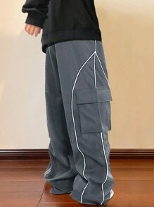 Manfinity Hypemode Loose Fit Men's Letter Patched Contrast Piping Flap Pocket Cargo Pants - Dark Grey - View 2