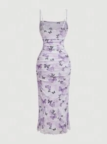 SHEIN MOD 粉色蝴蝶印花浪漫可爱女士长裙 - 紫色 - 查看 2