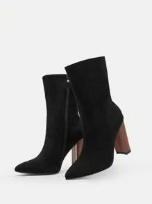 CUCCOO BIZCHIC Printed Wood Grain Thick Heel Pointed Toe Ankle Boots For Christmas And New Year Holiday - Black - View 9