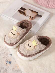 蓬松图案舒适一脚蹬圣诞儿童室内拖鞋、学生/家居服 - 咖啡棕 - 查看 2