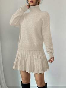 Chiquease 2pcs Set Of Solid Color Loose Pleated Skirt And Turtleneck Sweater Casual Suit
