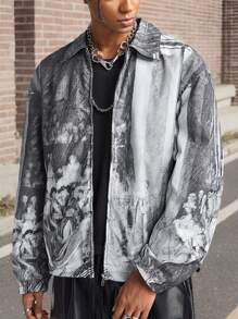 Manfinity NXTstreet Men's Digital Print Loose Woven Long Sleeve Jacket & Outerwear, For Fall Winter - Grey - View 4
