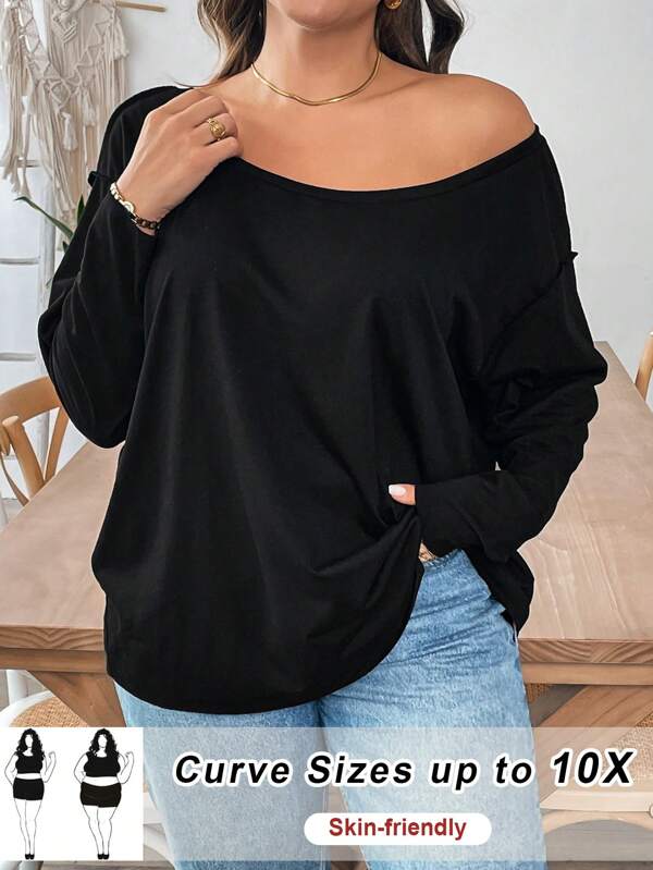 SHEIN CURVE+ Camiseta holgada de manga larga y escote descubierto en negro para mujer de talla grande, cómoda y casual para otoño e invierno, camisetas de talla grande para mujer, disfraz, atuendos de otoño, top asimétrico, blusas para mujer, blusas con mangas, ropa de otoño, blusas lindas, blusas para curvas, blusas holgadas