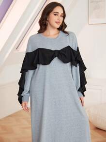 Mulvari Plus Size Women Bow Decor Contrast Color Ruffle Sleeve Sweatshirt Dress, Autumn