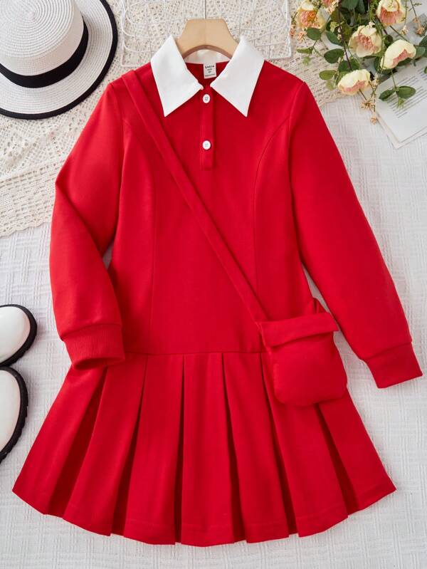 Tween Girl Contrast Color Shirt Collar Sweatshirt Pleated Dress, Sweatshirt Dress With Matching Bag, School Style