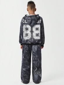 SHEIN Bộ 2 món cho bé trai tuổi teen, gồm áo hoodie và quần nỉ in hình. - màu đen - Xem 2