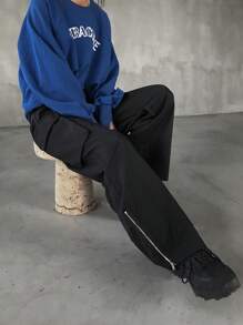 FRIFUL Women's Casual Everyday Flap Pocket Zip Detail Loose Trousers