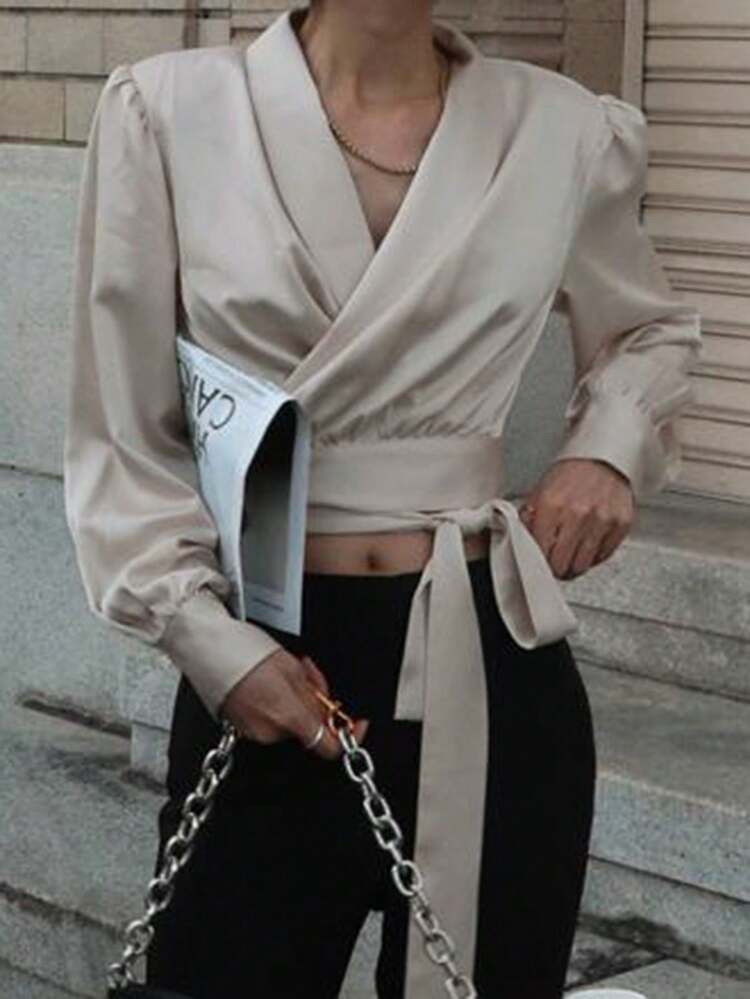 Women's V-Neck Solid Color Cropped Tie-Up Unisex Shirt Long Sleeve Top