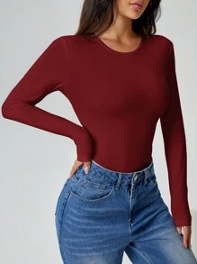 SHEIN PETITE Solid Long Sleeve Slim Fit White T-Shirt Bodysuit - Burgundy - View 6