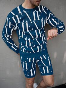 Manfinity Homme Men's Casual Full Print Letter Pattern Drop Shoulder Loose Knit Sweater And Shorts Set - Multicolor - View 3
