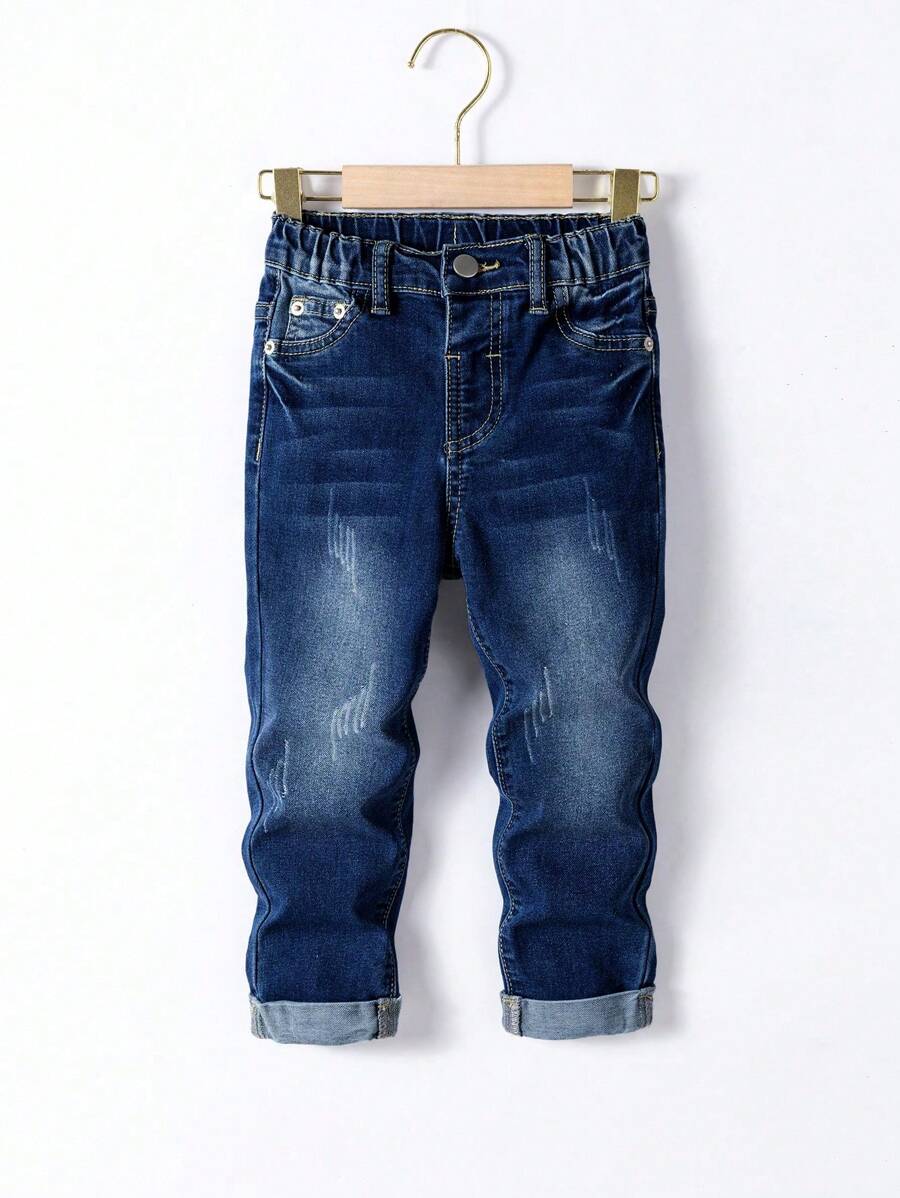 Young Boy Medium Blue Wash Simple Versatile Casual Roll-Up Hem Elastic Waist Jeans Summer Holiday