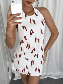 INAWLY 大码辣椒印花吊带露背无袖性感连衣裙