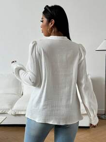 Flirla Plus Size Casual Textured Button Up Shirt, Autumn - White - View 2
