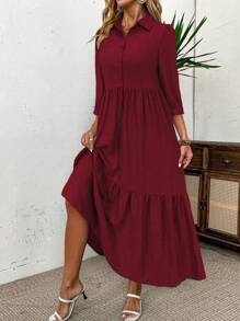 SHEIN LUNE 女士优雅简约纽扣半襟荷叶边下摆连衣裙，秋季酒红色长款女装 - 酒紅色 - 查看 4