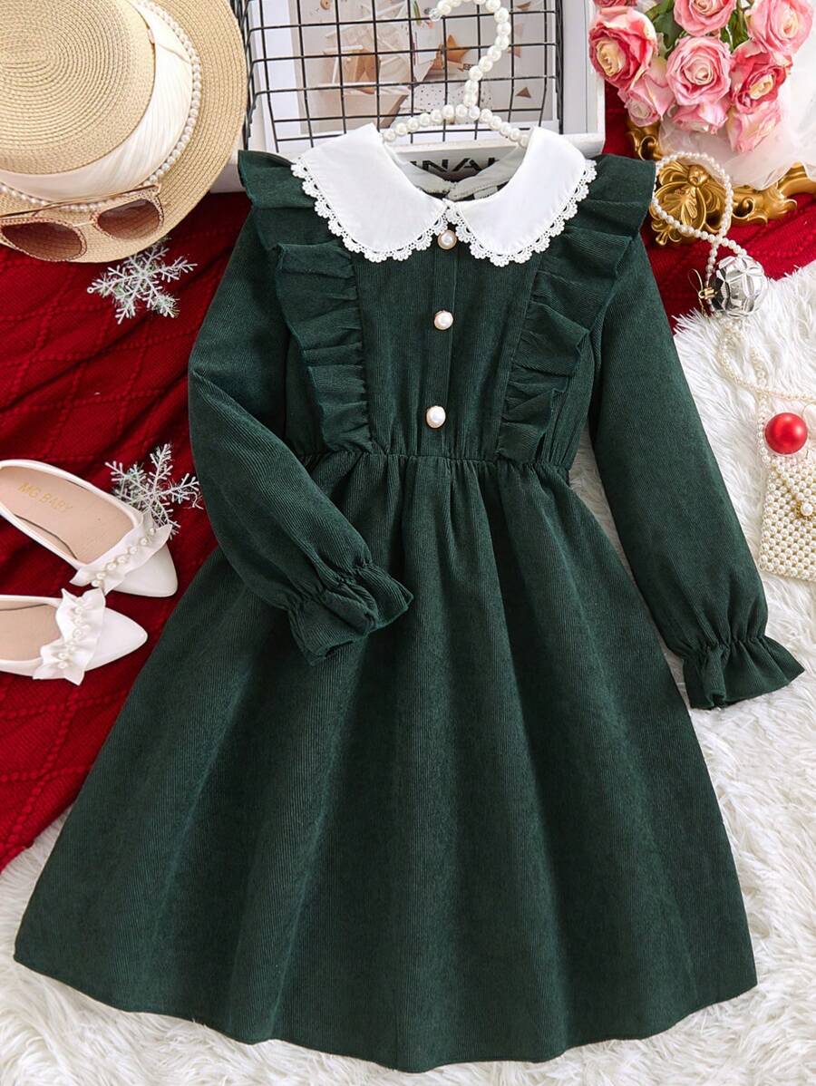 SHEIN Tween Girl Casual Long Sleeve Corduroy Dress With Ruffle Collar, Fitted For Spring Autumn - Dark Green - View 1