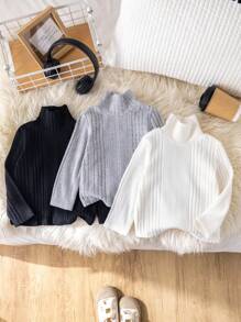 SHEIN 3 stuks/set babyjongens basic effen kleur hoge kraag lange mouwen gebreide truien, herfst/winter