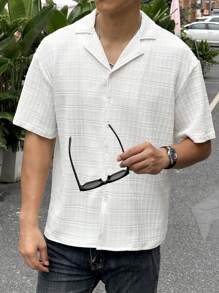 Manfinity Homme Manfinity CasualCool 1 件男士休闲纯色纹理翻领纯色短袖衬衫，男友礼物，圣诞礼物白色纽扣男士衬衫，提花面料，适合男友礼物 - 白色 - 查看 1