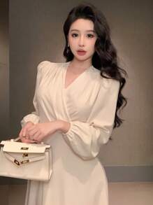 DAZY 女士优雅中长袖连衣裙，秋季，新年除夕舞会礼服，秋季女装 - 米色 - 查看 3