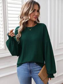 SHEIN LUNE Women's Casual Home T-Shirt With Ruffle LED Lantern Sleeves Green Round Neck For Winter New Year Christmas Women's Clothing - Green - View 5