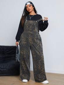 SHEIN ICON 大码夏季休闲牛仔背带裤，豹纹和口袋设计